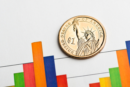 one dollar coin on fluctuating graph. Rate of the us dollar (shallow DOF)の写真素材