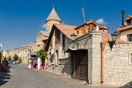 Mtskheta, Georgia - September 25, 2017: Picturesque streets of Mtskheta with shops, hotels, souvenir...