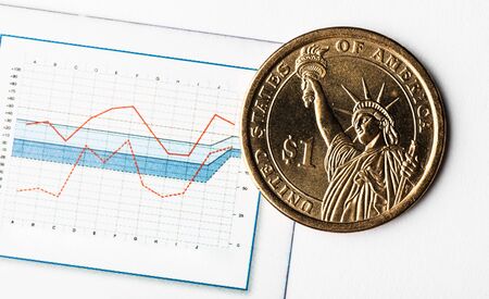 ne dollar coin on fluctuating graph. Rate of the us dollar (shallow DOF)の写真素材