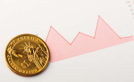 One dollar coin on fluctuating graph. Rate of the us dollar
