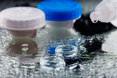 Contact lens, case and bottle of solutionの写真素材