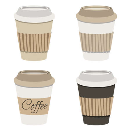 Coffee cup with lid and kraft holder icon set isolated on white background. Vector Illustration. Flat styleのイラスト素材