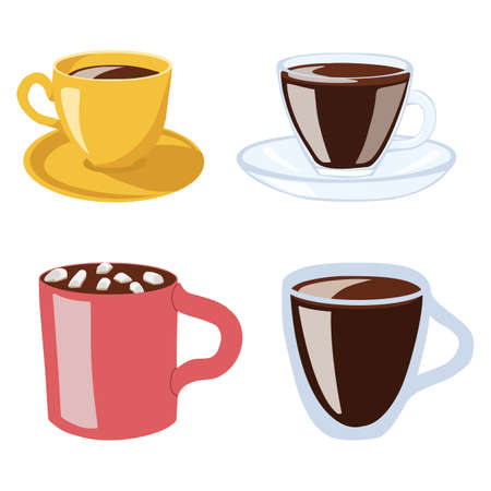 Coffee in different mugs. Vector Illustration. Flat styleのイラスト素材