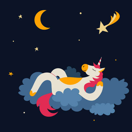 Fairytale unicorn sleeps at night on a cloud under a shooting star. vector illustration.のイラスト素材