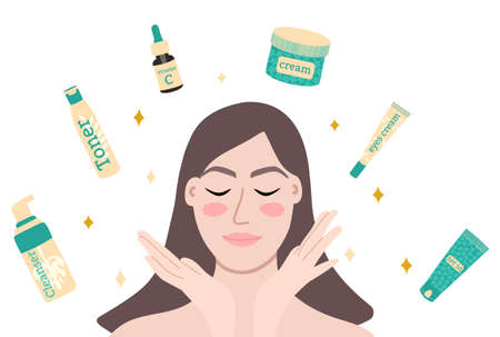 Beautiful woman and her skin care productsのイラスト素材