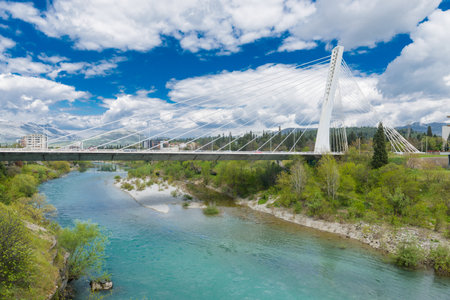 Millenium bridge over Moraca river view, Podgorica capital of Montenegroの写真素材