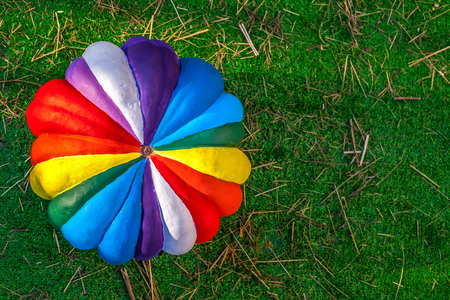 Pumpkin in rainbow colors on a green lawn with straw. Gastronomic festival of autumn in Moscow. Cheerful colorful pumpkin.の写真素材