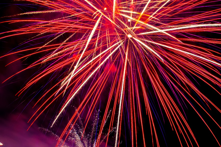 Flickering lights are a bright salute of abstract red yellow blue cyan luminescent traces of petals on long exposure on a night black sky background.の写真素材