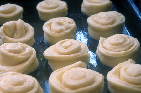 Bun dough on a baking sheet ready for the ovenの写真素材