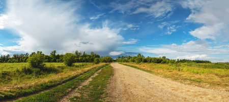Summer sunny rural landscape with beautiful clouds in blue sky over the country road during sunsetの写真素材