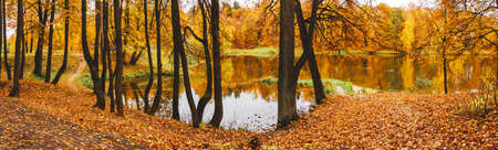Late autumn nature landscape.Beautiful scene with forest lake and reflection on water surface.Trees with orange fall foliage.Cloudy autumn rainy morning.Calm weather.October scene.の写真素材