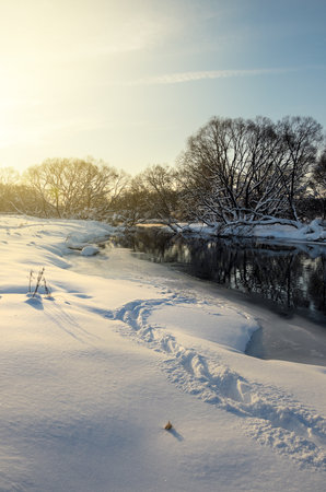 Frosty winter scene with forest river on a sunny morning. Beautiful snow covered trees in the glow of rising sun.の写真素材