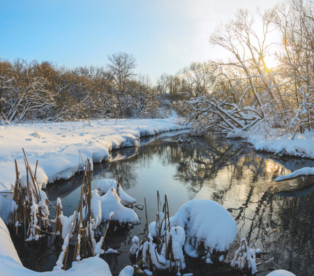 Frosty winter scene with forest river on a sunny morning. Beautiful snow covered trees in the glow of rising sun.の写真素材