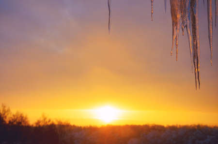 Hanging icicles on a background of setting sun and sunset sky. Selective focus. Springtime or winter...