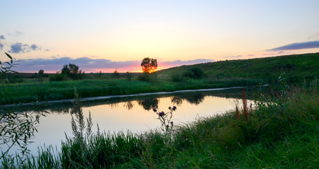 Beautiful summer landscape with calm river and green trees at sunset.Evening serenity.の写真素材