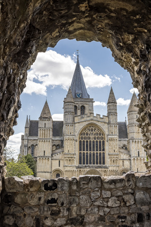 View to Rochester Cathedral through castle wall windowのeditorial素材