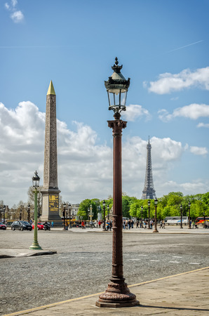 Place de la Concorde in Paris, France. The place was designed in 1755 and now is the largest public square in Paris. In the center of place is placed giant Egyptian obelisk decorated with hieroglyphics exalting the reign of the pharaoh Ramesses II.のeditorial素材