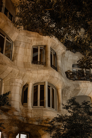 Barcelona, Spain - September 22, 2015: Architecture details of Casa Mila or La Pedrera at night as seen on 22nd of September, 2015. This building was designed by Antoni Gaudi.のeditorial素材
