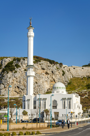 Gibraltar - March 18, 2012: View of the Ibrahim-al-Ibrahim Mosque, also known as the King Fahd bin Abdulaziz al-Saud Mosque or the Mosque of the Custodian of the Two Holy Mosques, is a mosque located at Europa Point in the British overseas territory of Giのeditorial素材
