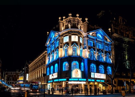 London, United Kingdom - December 22, 2016: London Cristmas lights decoration at Novello Theatre as seen on 22th of December, 2016. Copy space in black sky. Unidentified people present on picture.のeditorial素材