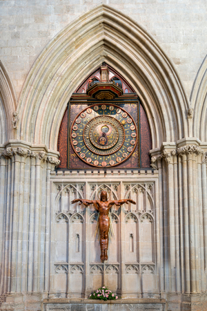 Wells, United Kingdom - August 6, 2016: Internal dial of astronomical clock and Christus Redemptor figure inisde Wells cathedralのeditorial素材