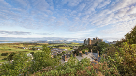 Harlech, Wales, United Kingdom - September 20, 2016: Panoramic view of Harlech Castle in North Wales at sunriseのeditorial素材