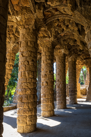 Barcelona, Spain - September 24, 2015: View of Colonnade by architect Antoni Gaudi at Park Guell in Barcelonaのeditorial素材