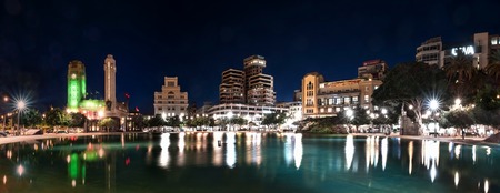 Santa Cruz de Tenerife, Spain - December 7, 2017: Night panoramic view of Plaza de Espana. Copy space in sky.のeditorial素材