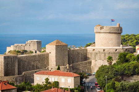 Dubrovnik, Croatia - September 26, 2012: View of fortificatons in Dubrovnik old town. Copy space in sky.のeditorial素材