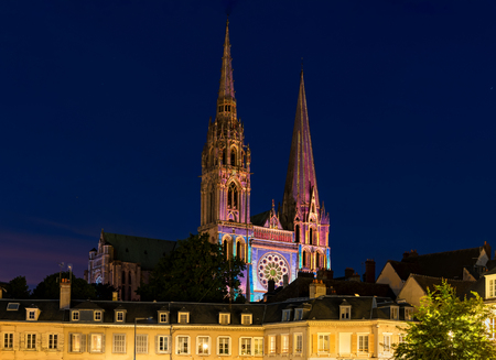 Chartres, France - May 21, 2017: Night illumination of the Cathedral of Our Lady of Chartres - Lumiere light show.のeditorial素材