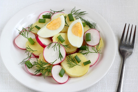 Salad with potato, radish, eggs, chives and dillの写真素材