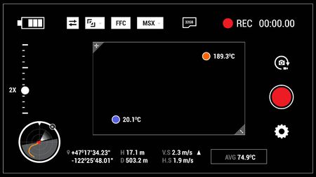 4k infrared camera HUD viewfinder overlay background with UI elements: time indicator, recording label, battery icon, crosshair, temperature.