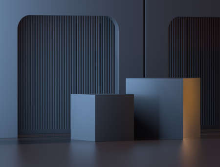 3D render presentation showcase. Dark stage scene with two cubes in the room with cylinder wall.