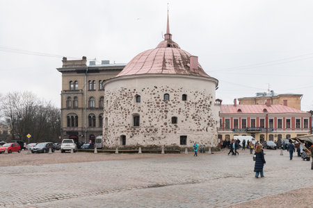 VYBORG, RUSSIA - OCTOBER 31, 2021: The Round Tower on the Market Square. Cloudy autumn day in the Russian city of Vyborg near the Finnish borderのeditorial素材