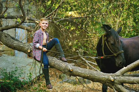Boy sitting on old tree posing with a horse after a workout.の写真素材