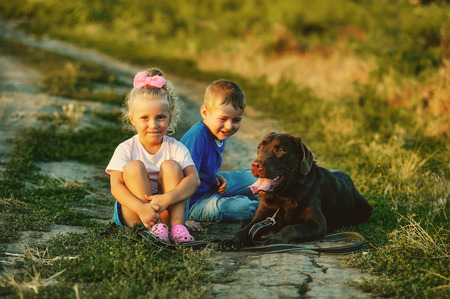 Two children walking with a dog breed Labradorの写真素材