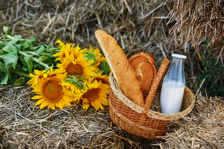 Still life with bread and milkの写真素材