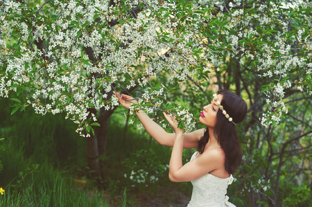 portrait of bride outdoors in a blooming garden .Wedding dayの写真素材