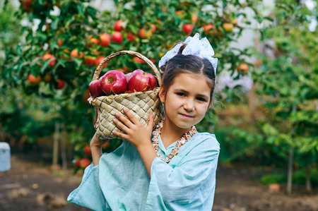 Portrait of a girl with applesの写真素材