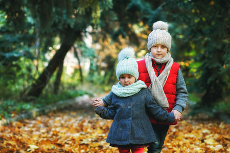Children on an autumn walk, brother and sister in the Park on an autumn dayの写真素材