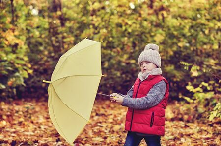 Boy with an umbrella in the autumn forest . Walks in the fresh airの写真素材