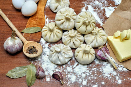 Frozen semi-finished products khinkali. Fast home food. National foodの写真素材