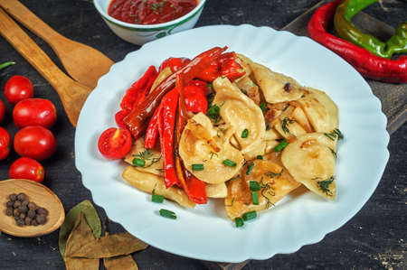 Fried dumplings with hot pepper and onion on a plate .the view from the topの写真素材