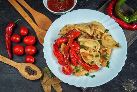 Fried dumplings with hot pepper and onion on a plate .the view from the topの写真素材