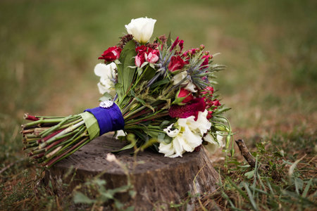 Wedding bridal bouquet on the stumpの写真素材