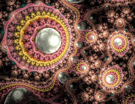 abstract fractal yellow and pink lacy with white pearlsの写真素材