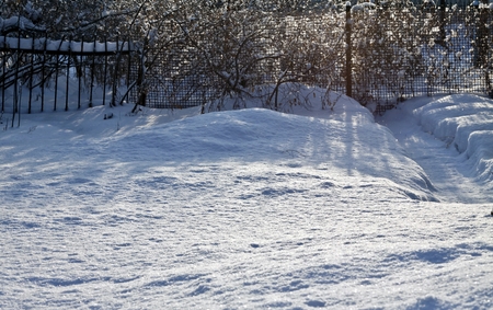 spring snow lit by the morning sun with tracesの写真素材