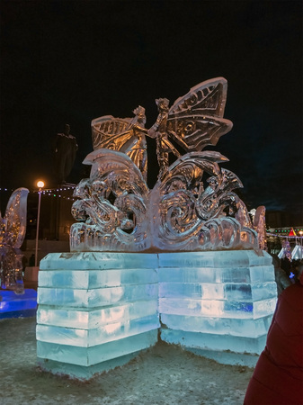 ice new year's figures in the city square at night, South Ural, Chelyabinskのeditorial素材