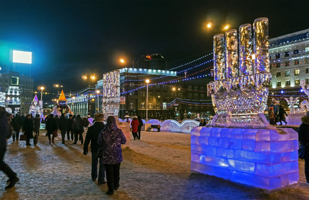 ice new year's figures in the city square at night, South Ural, Chelyabinskのeditorial素材