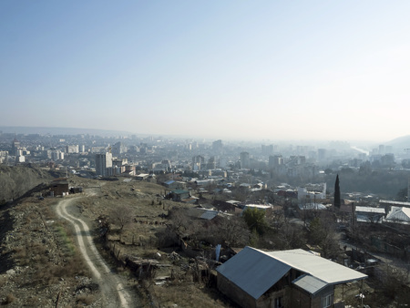 view of waking up morning Tbilisi from a high pointの写真素材